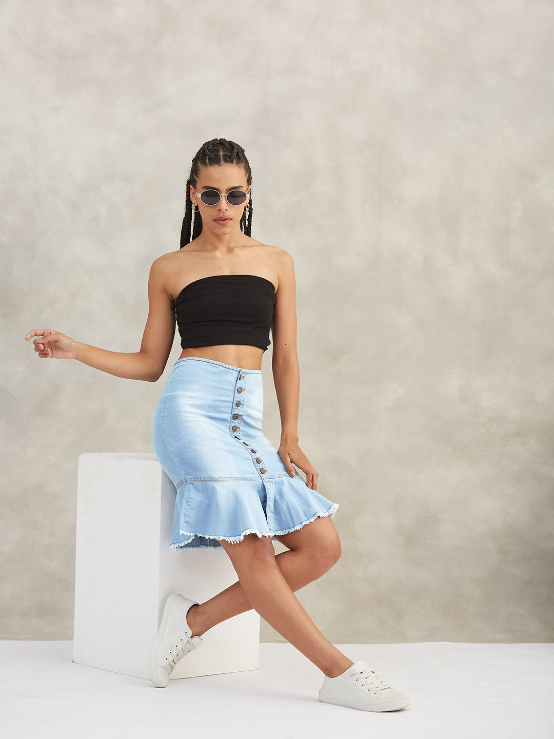 Women's Blue Regular Fit Mid-Rise Midi Denim Skirt