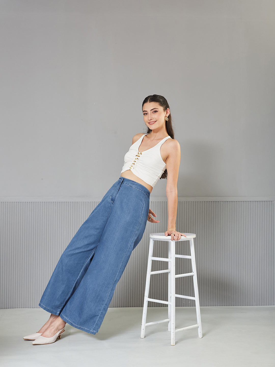 Blue Flared Wide-Leg High-Rise Non Stretchable Light Weight Denim Pants for Women