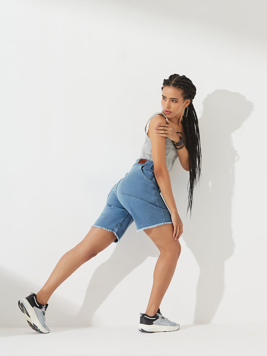 Light Blue High-Rise Above-Knee Stretchable Denim Shorts for Women
