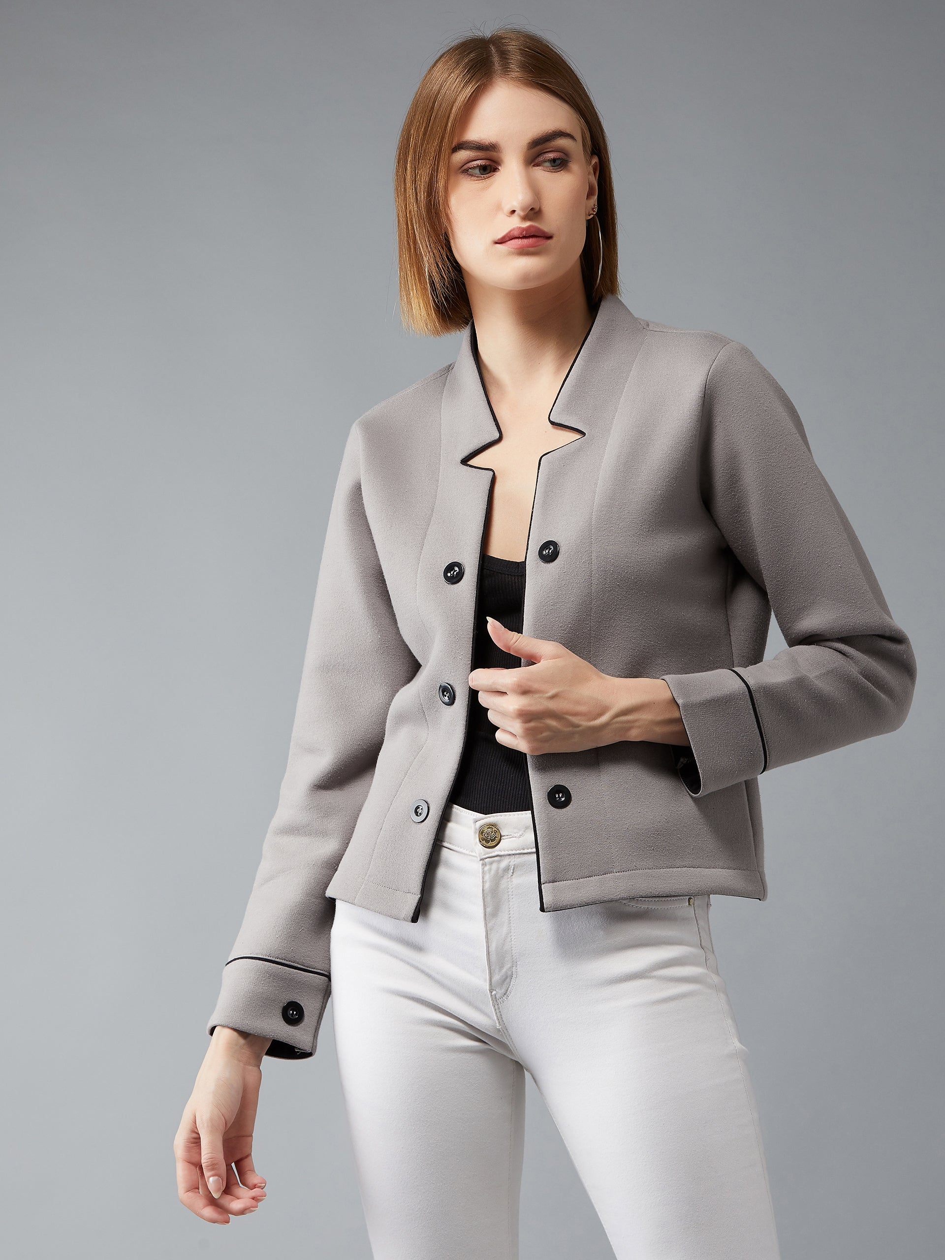 Women's Grey V-Neck Full Sleeves Solid Front-Open Regular Length Jacket