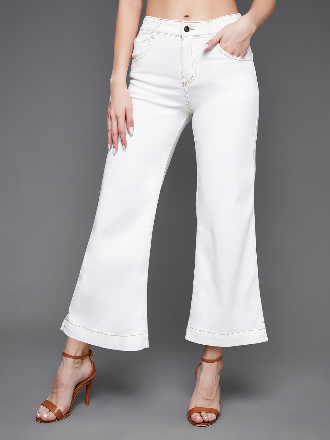 24/7 Comfort White Flared Mid-Rise Ankle length Stretchable Denim Jeans