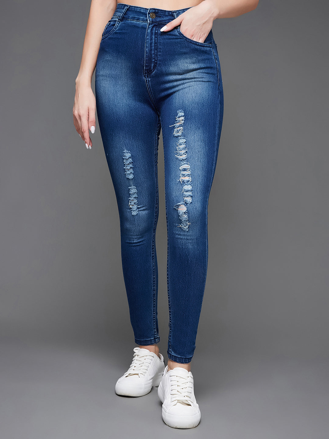 CHASEstretch™ Blue Skinny-Fit Mid-Rise Midly-Distressed Ripped Denim Jeans
