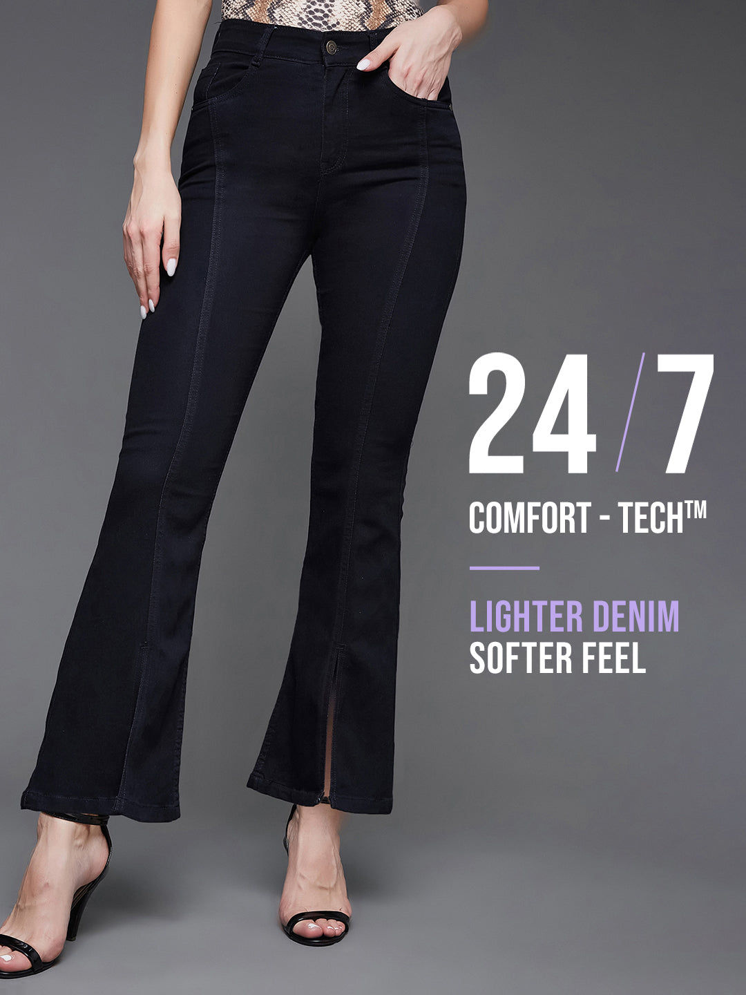 24/7 Comfort Black Bell-Bottom Bootcut High-Rise Stretchable Slit Denim Jeans for Women