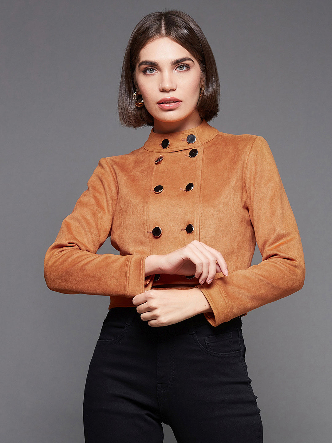 Women's Burnt Orange Mandarin Collar Full-Sleeve Solid Double Breasted Cropped Polyester Jacket