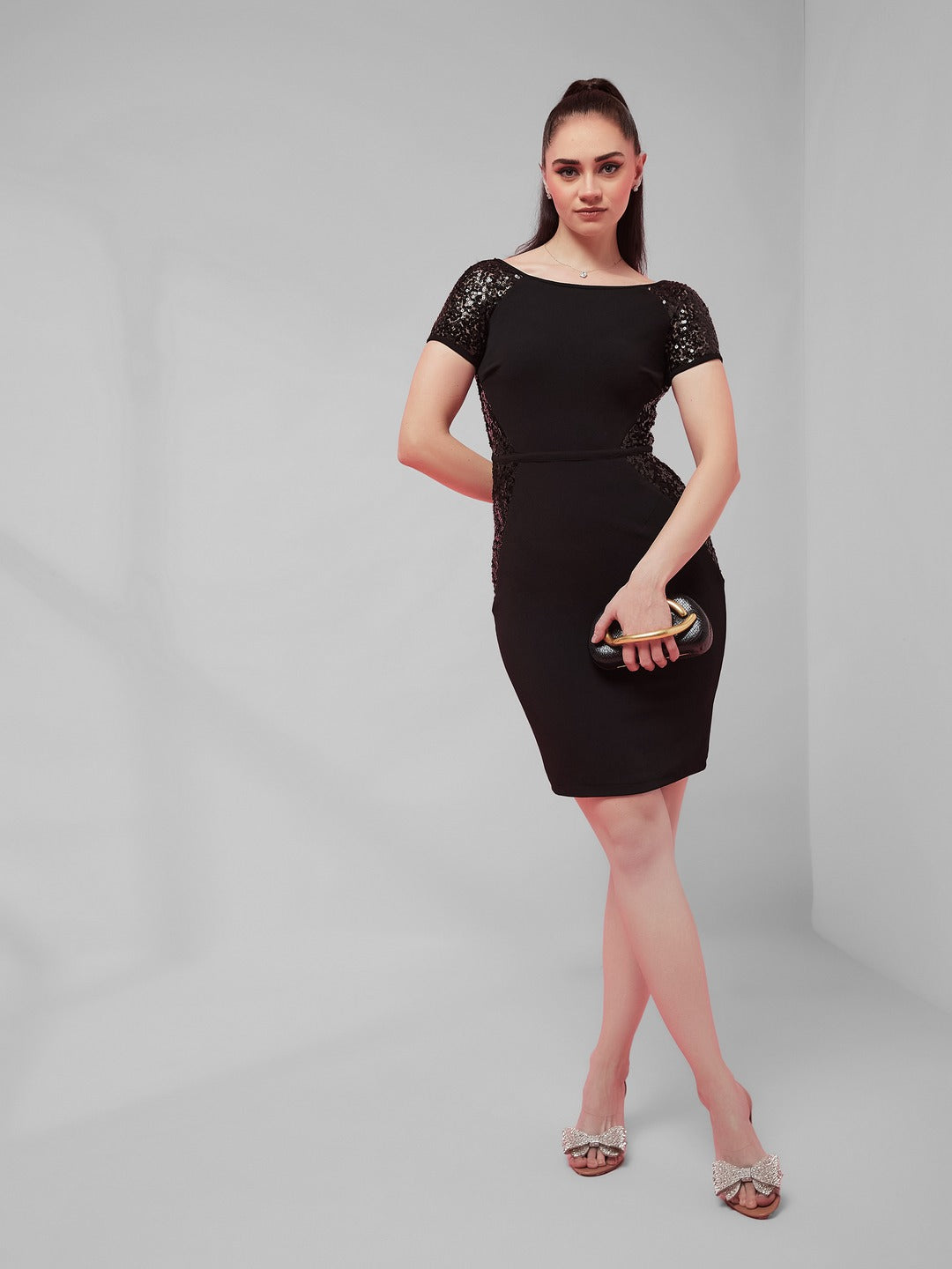 raglan sleeve bodycon dress Black Round Neck sleeves Solid Mini for Women go piece you’ll wear