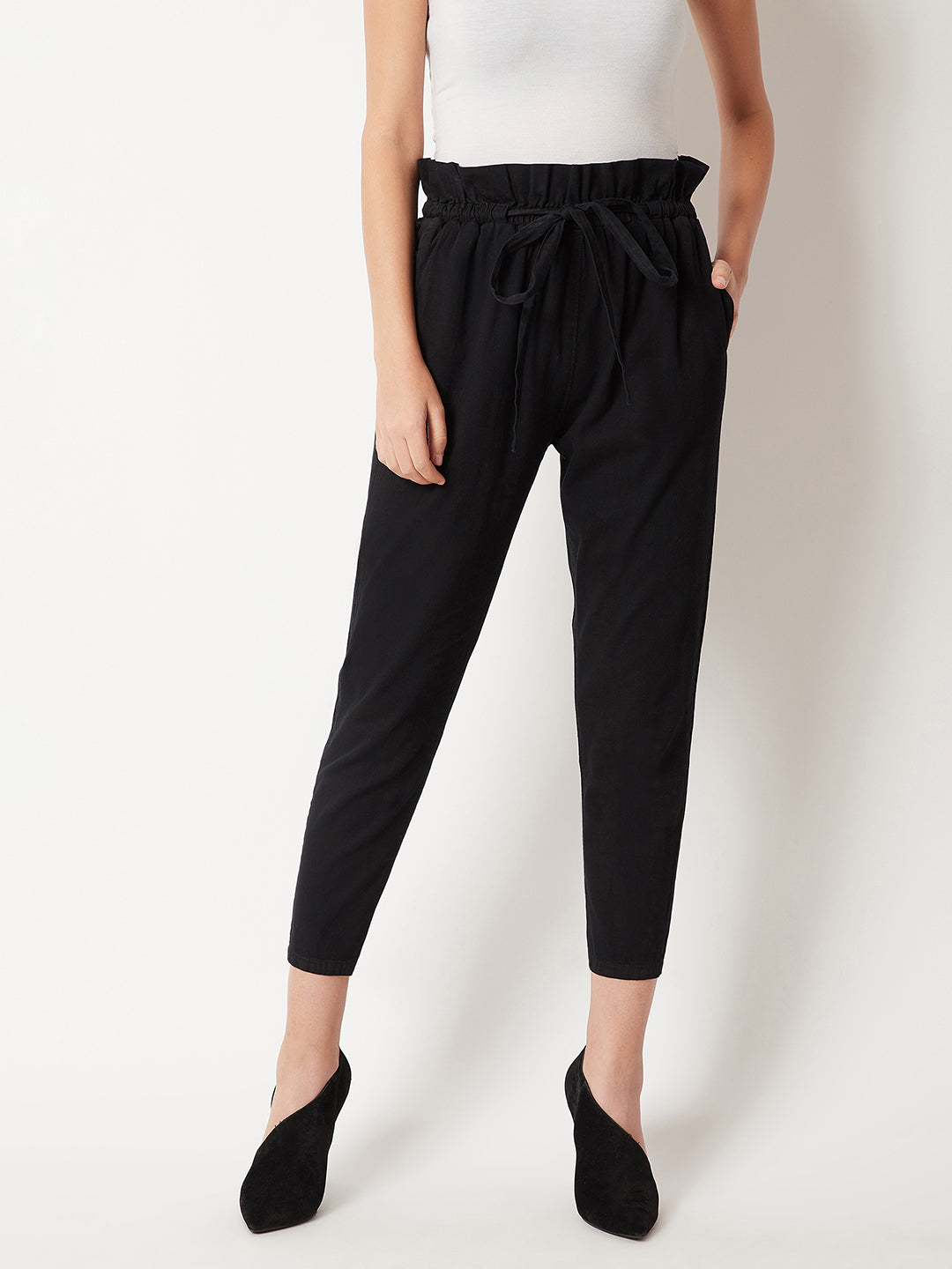 Women's Black Pleated Front High-Rise Clean-Look Ankle length Stretchable Denim Paper Bag Pants