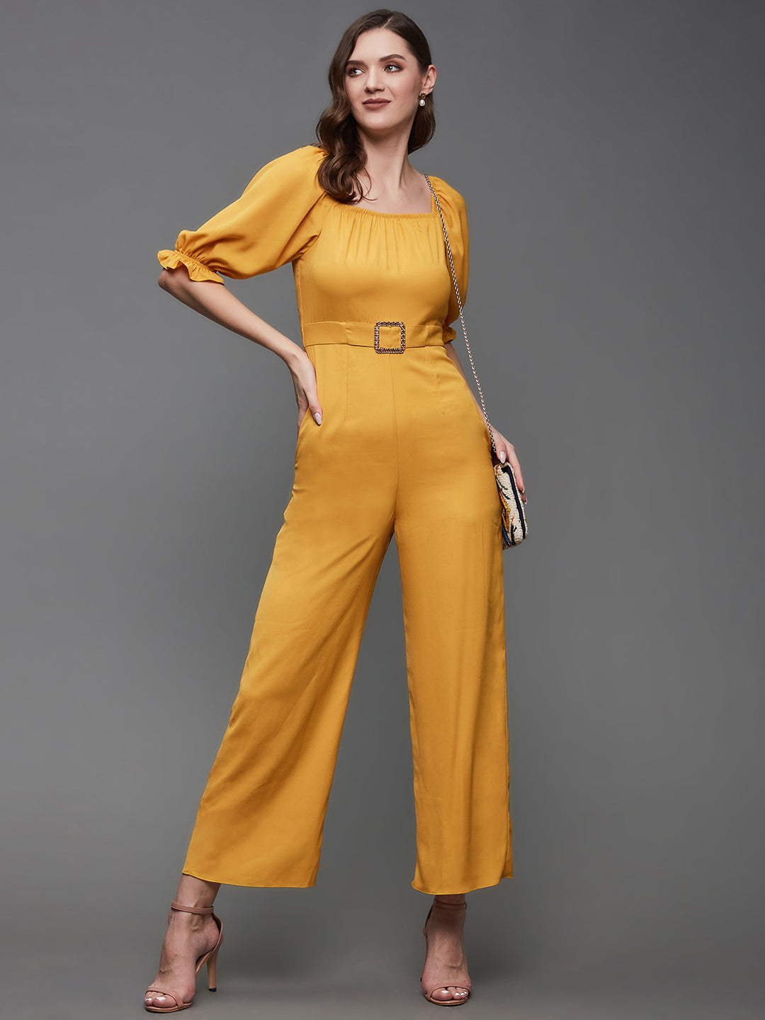 Women's Mustard Square Neck Puff Sleeve Solid Straight Leg Regular Length Crepe Jumpsuit