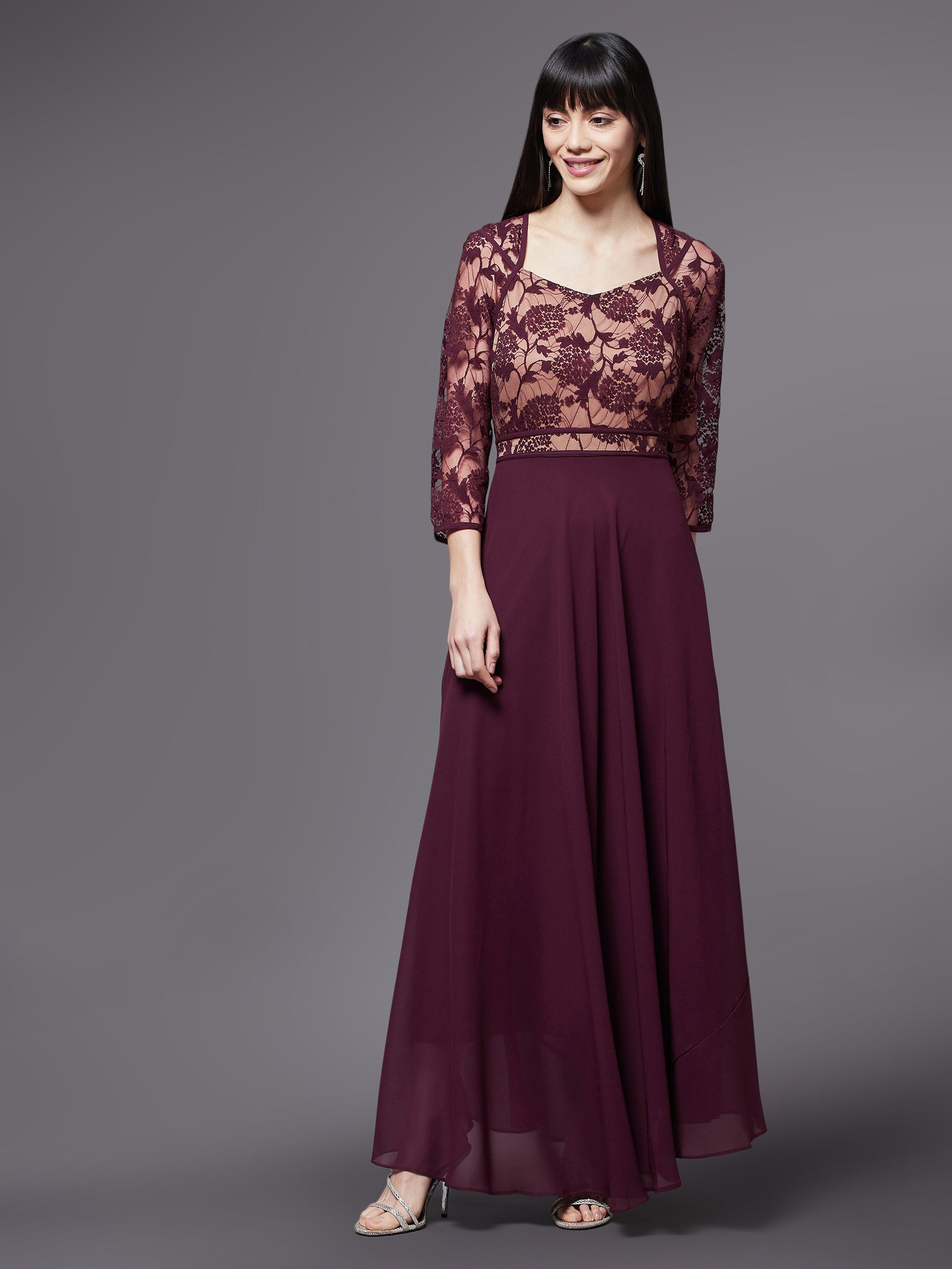 Wine Red Long Sleeves Lace Fit and Flare Maxi Dress Long Dress Frock