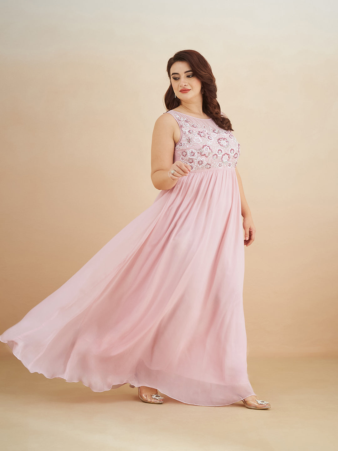 Dusty Pink Boat Neck Sleeveless Embellished Gathered Regular Dress for Women