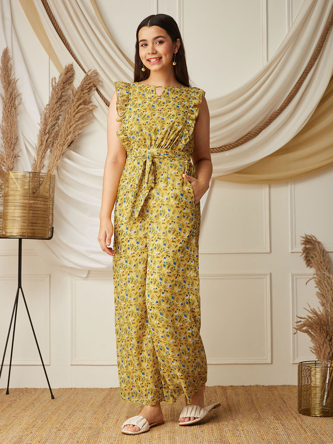 Multicolored-Base-Yellow Round neck Sleeveless Floral Wide Leg Regular Jumpsuit
