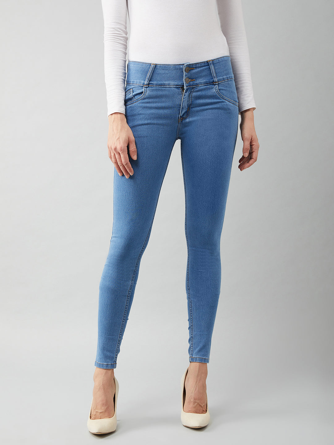 Women's Blue Skinny-Fit High-Rise Ice-Wash Stretchable High-Rise Denim Jeans