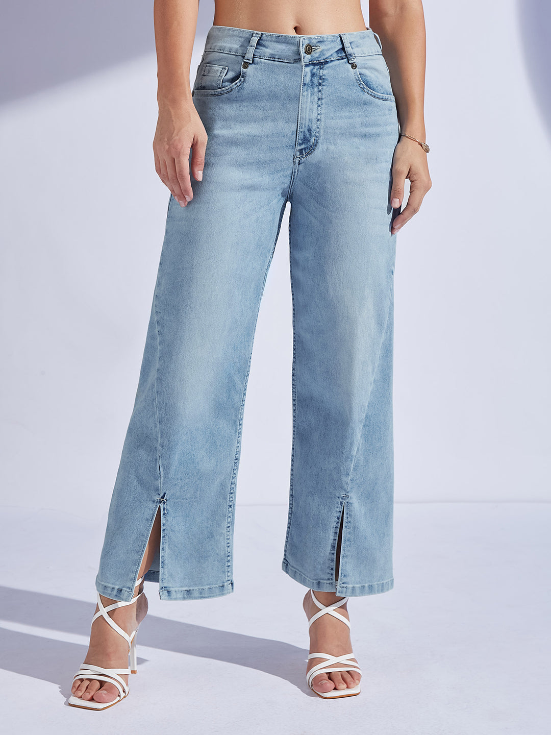 Light Blue Wide-Leg Mid Rise Clean Look Regular-Length Stretchable Denim Jeans for Women