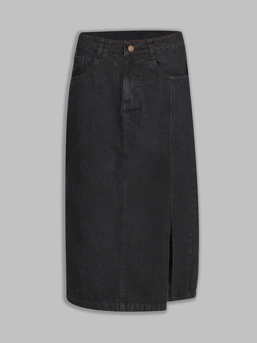Women's Black Straight-Fit High-Rise Stretchable Denim Midi Skirt