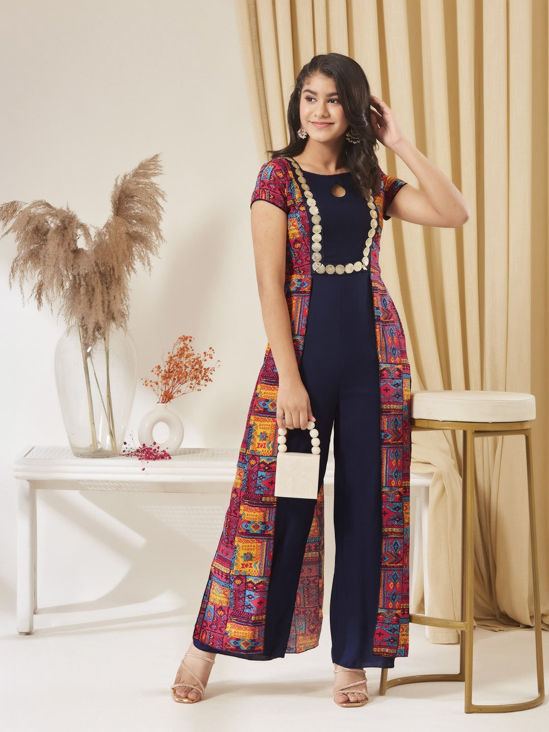 Navy Blue Keyhole-Neck Regular Sleeve Bohemian Paneled Viscose-Rayon Regular-Length Jumpsuit for Girls/Teenagers