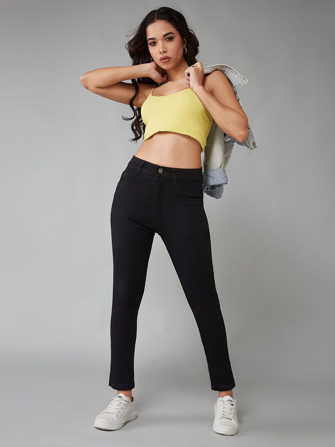 Women's Black Skinny High-Rise Clean-Look Cropped Stretchable Denim Jeans