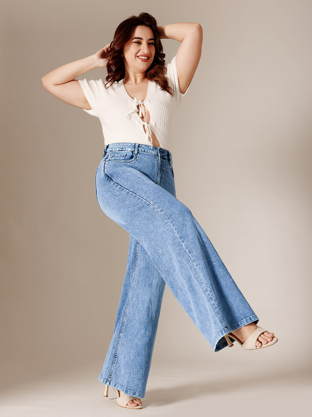 Light Blue Wide-Leg High Rise Clean Look Regular Length Stretchable Denim Jeans for Women