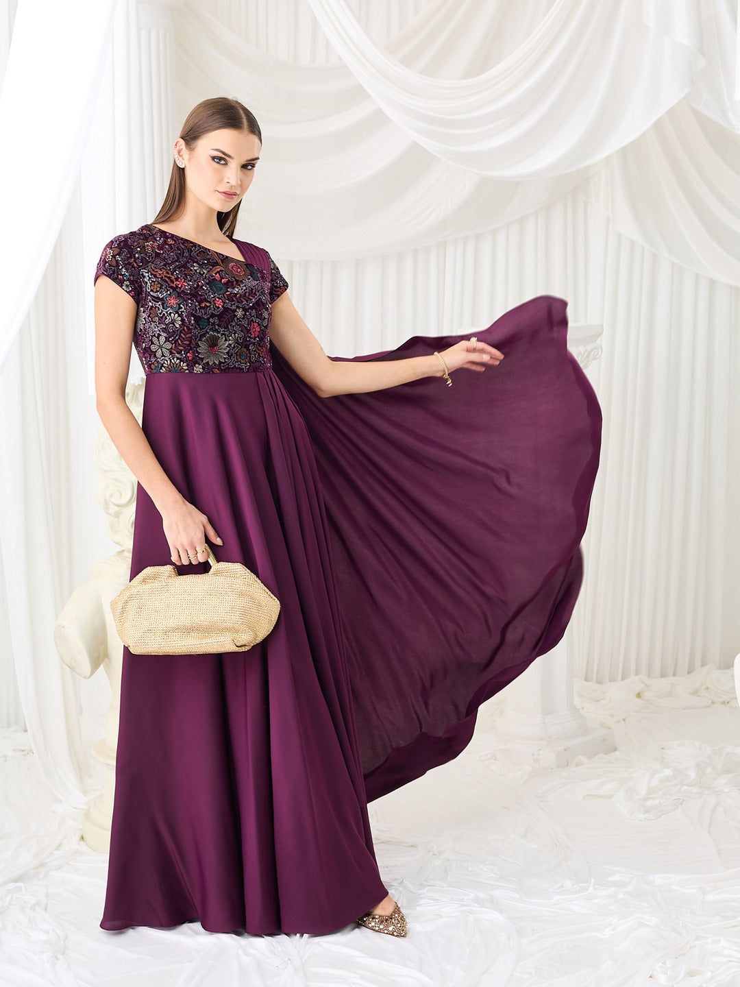 Purple Asymmetric Draped Gown in Embroidered Luxe Satin for Women