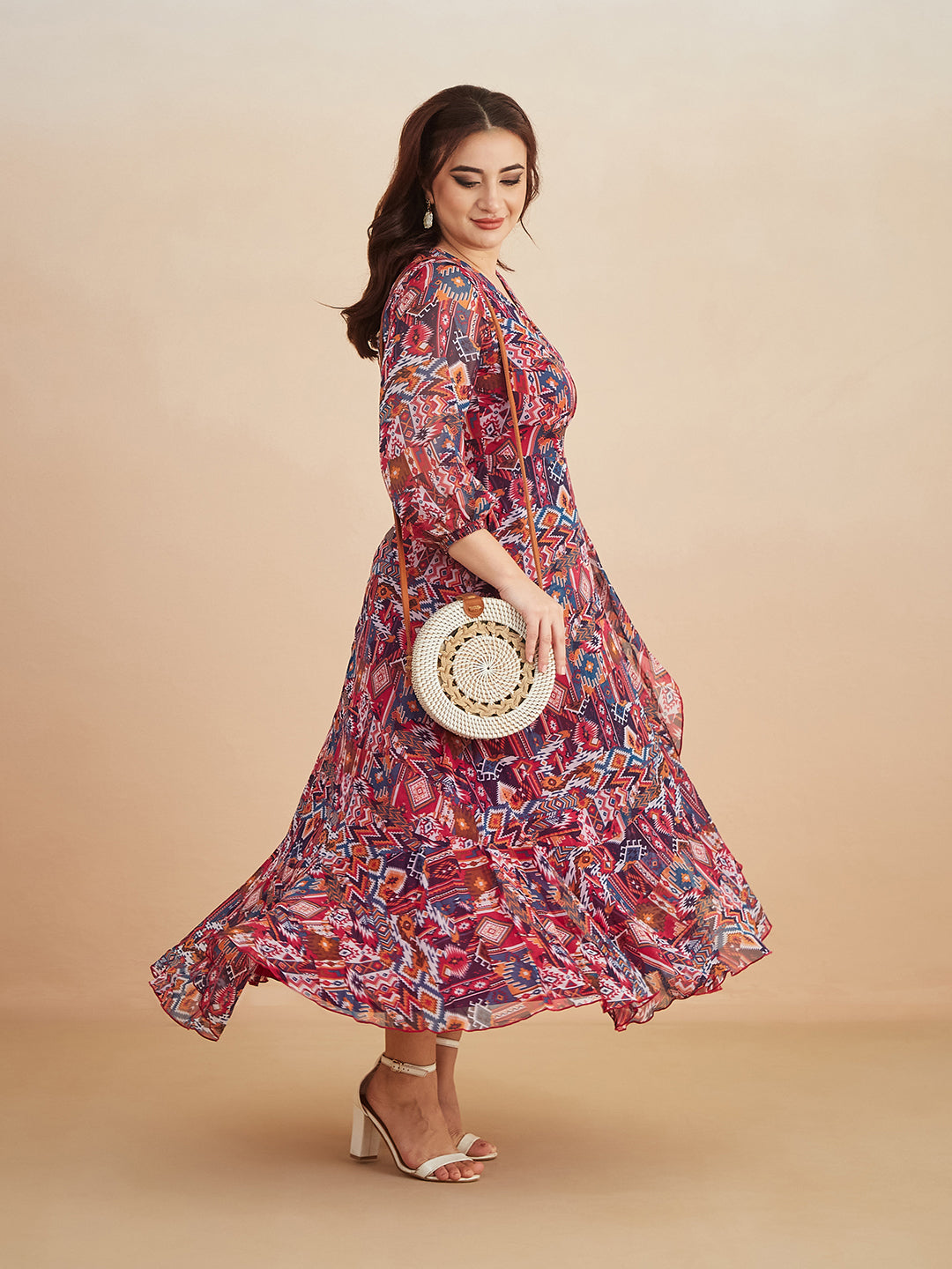 Multicolored V-Neck Three-Quarter Sleeve Geometric Patterned Wrap Midi Chiffon Dress for Women