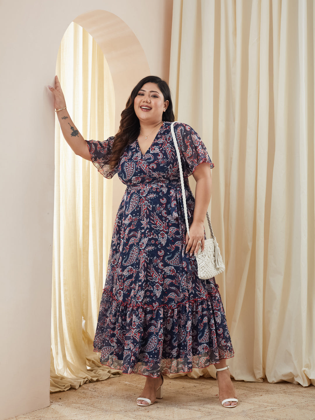Multicolored Navy Floral Wrap Chiffon Maxi Dress with Flutter Sleeves & Frilled Hem for Women