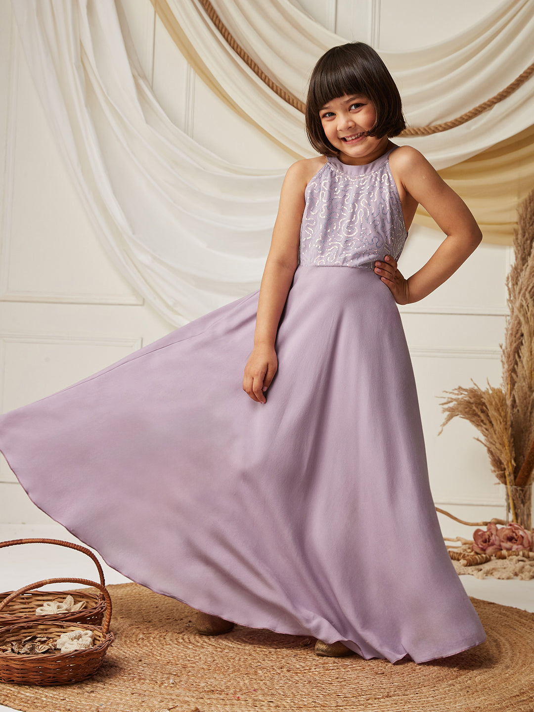 Lavender Halter-Neck Sleeveless Embellished Fit & Flare Viscose-Rayon Maxi Dress