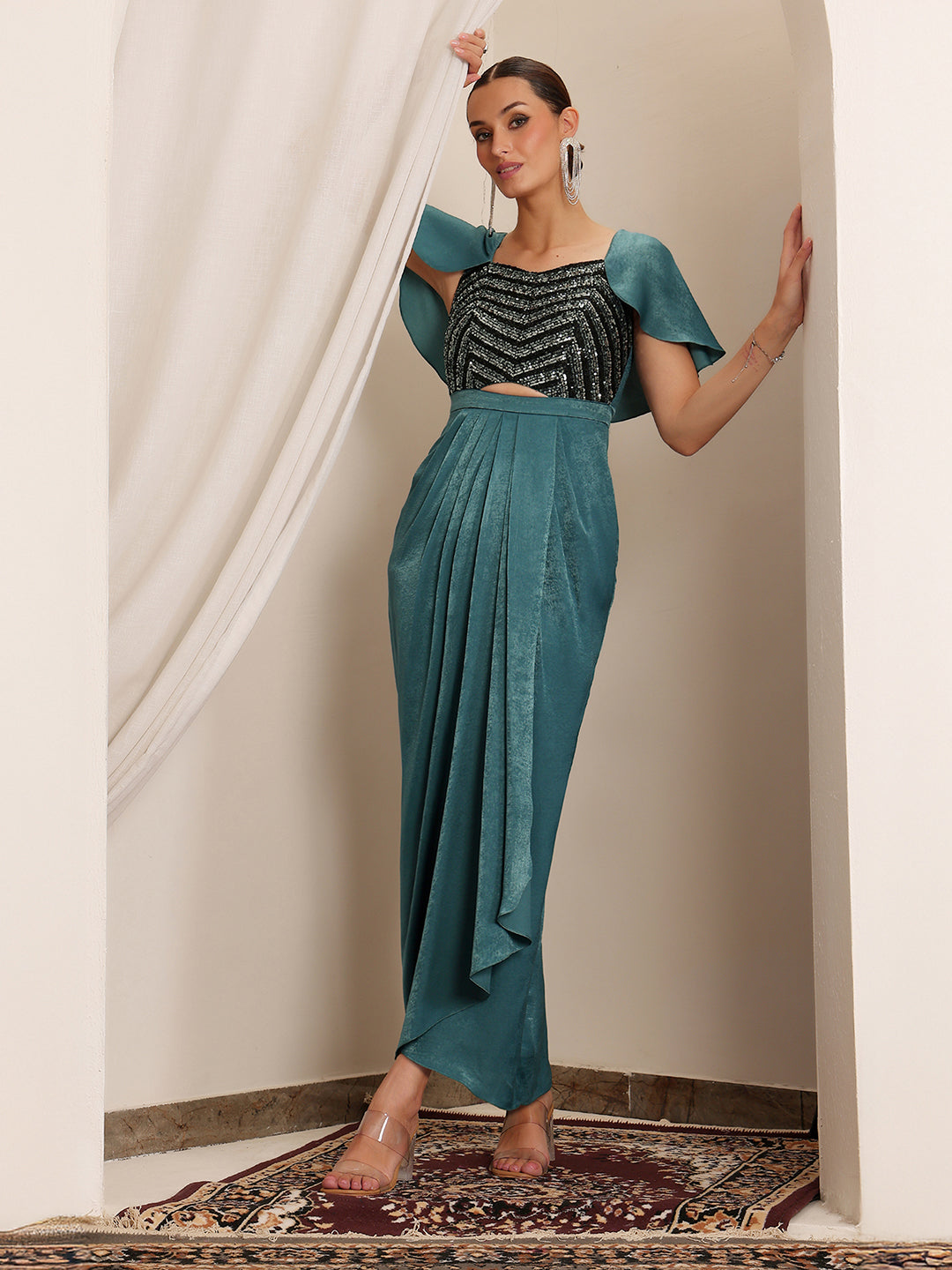 Shergil Warrior Teal Embellished Satin Maxi Dress