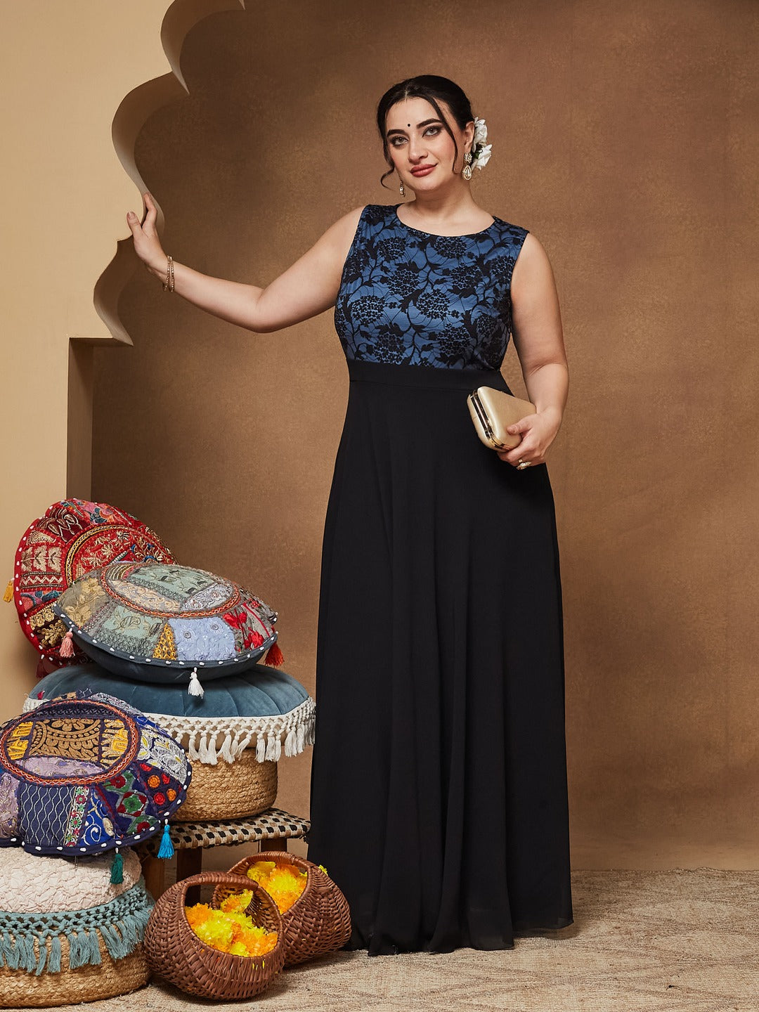Blue & Black Round Neck Sleeveless Georgette Floral Lace Fit & Flare Maxi Dress for Women