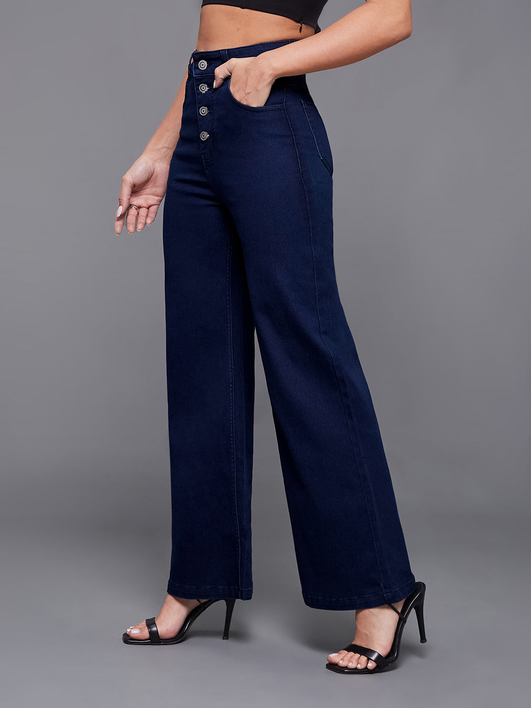 24/7 Comfort Navy-Blue Wide-Leg High-Rise Stretchable Denim Jeans