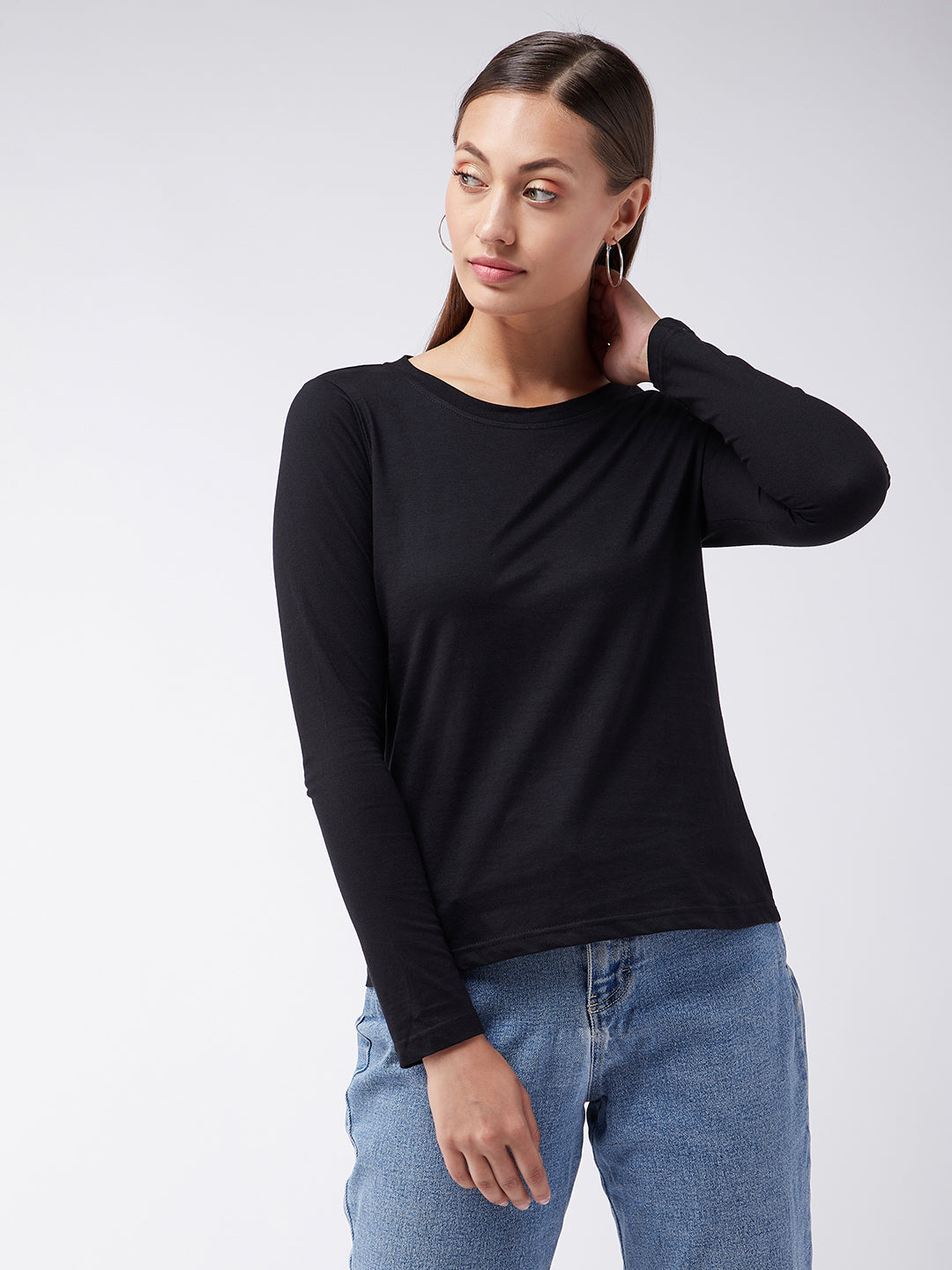 Black Round Neck Full Sleeves Solid Basic Top for Women
