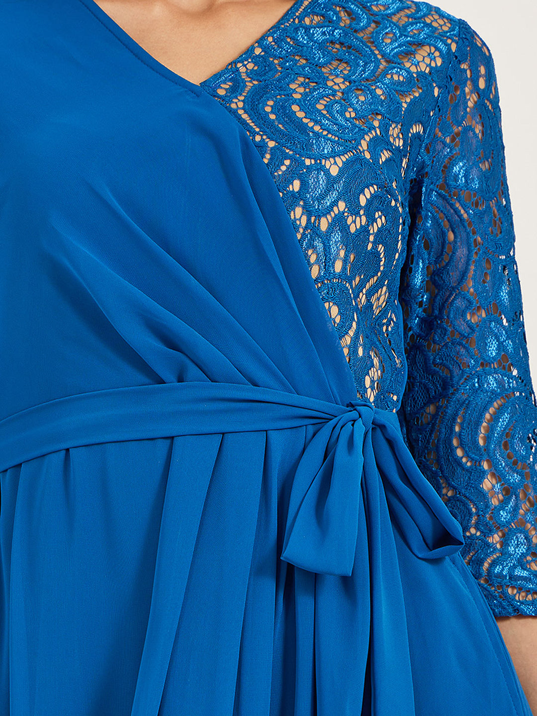 Women's Royal Blue V-Neck 3/4 Sleeve Self-Designed Wrap-Styled Georgette Maxi Dress
