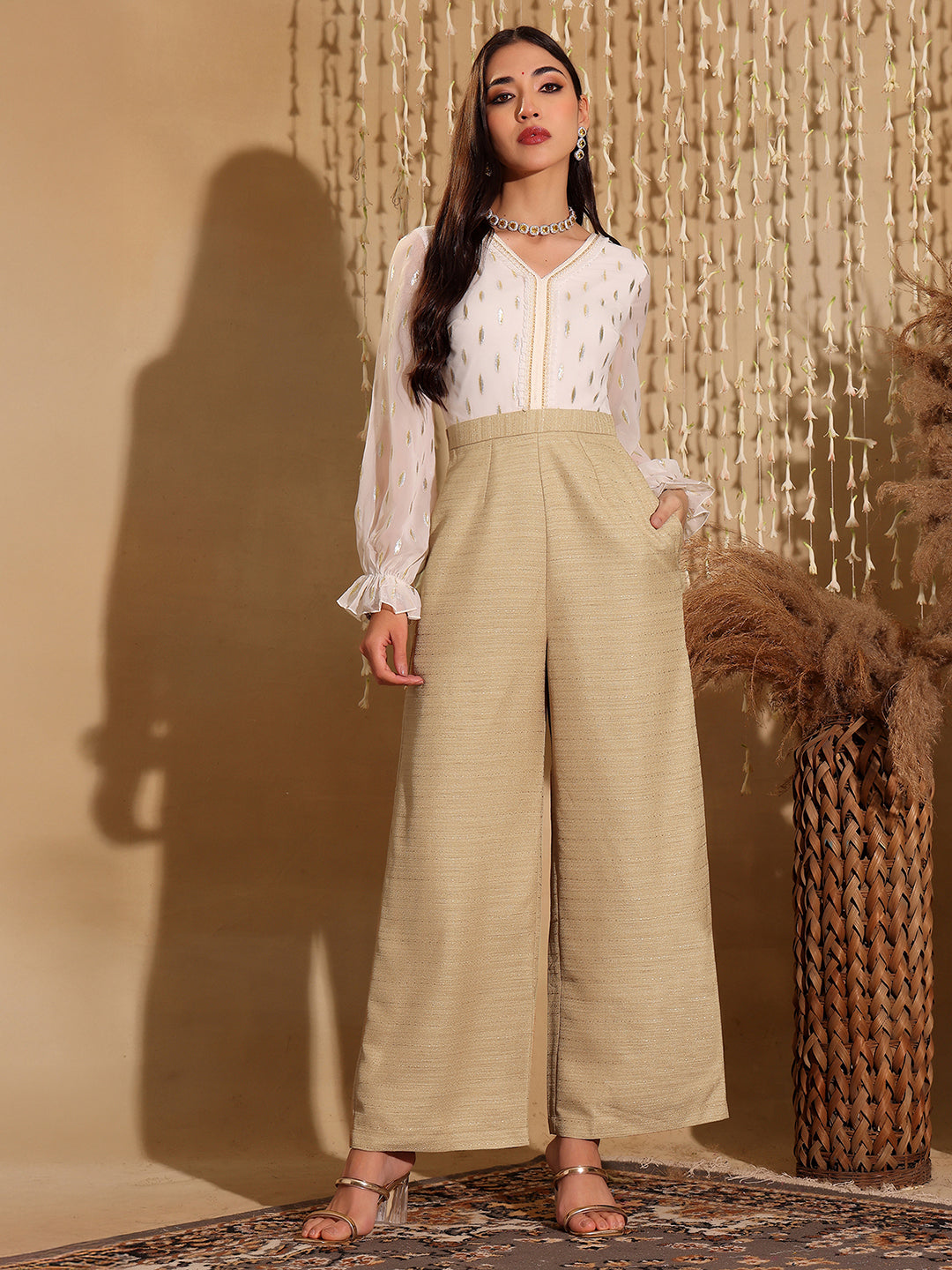 Women's Off White & Beige V-Neck Bishop Sleeve Self Design Frilled Regular-Length Polyester Jumpsuit