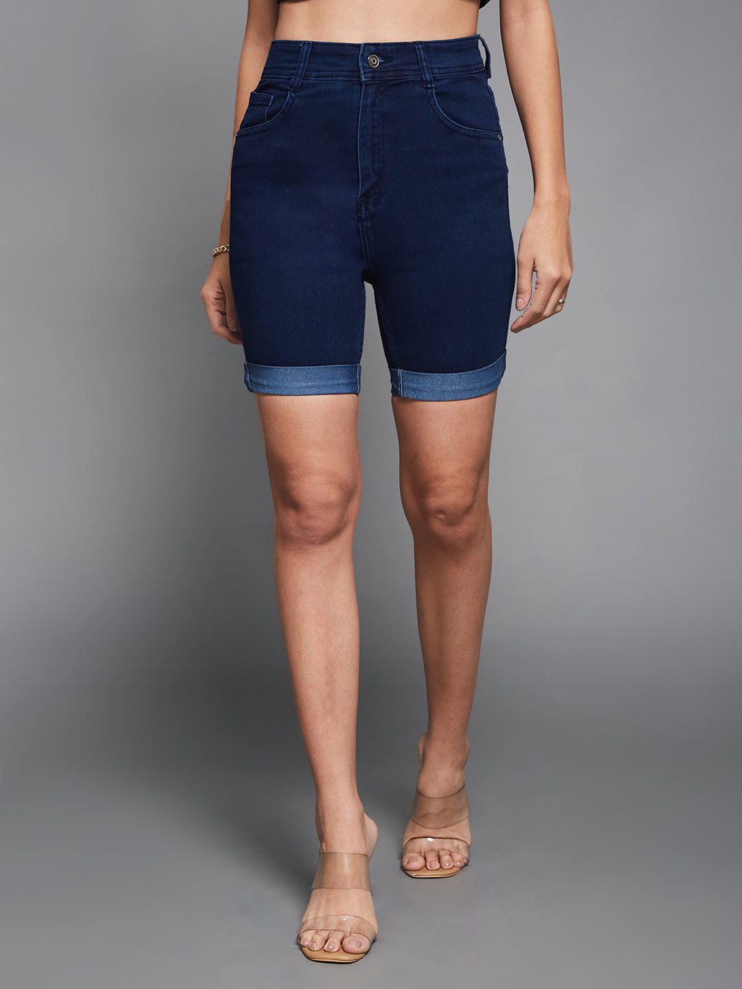 Women's Navy Blue Skinny High-Rise Stretchable Denim Shorts