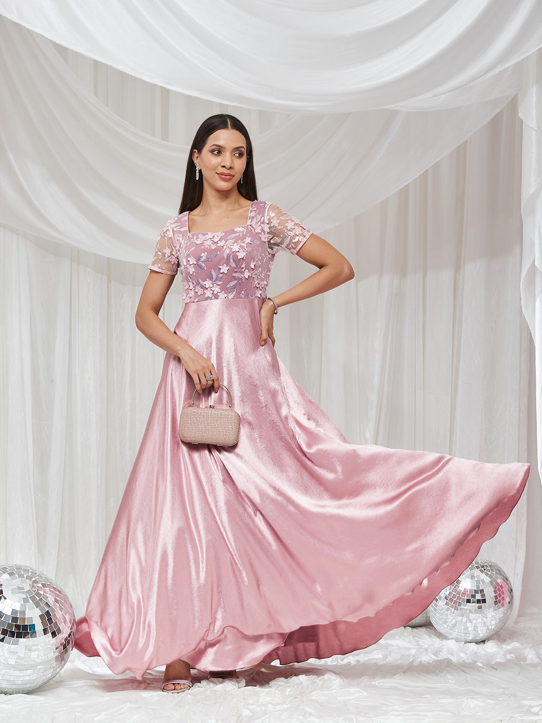 Light Pink Sweetheart Neck Half Sleeve Embellished Embellished Maxi Satin Dress for Women