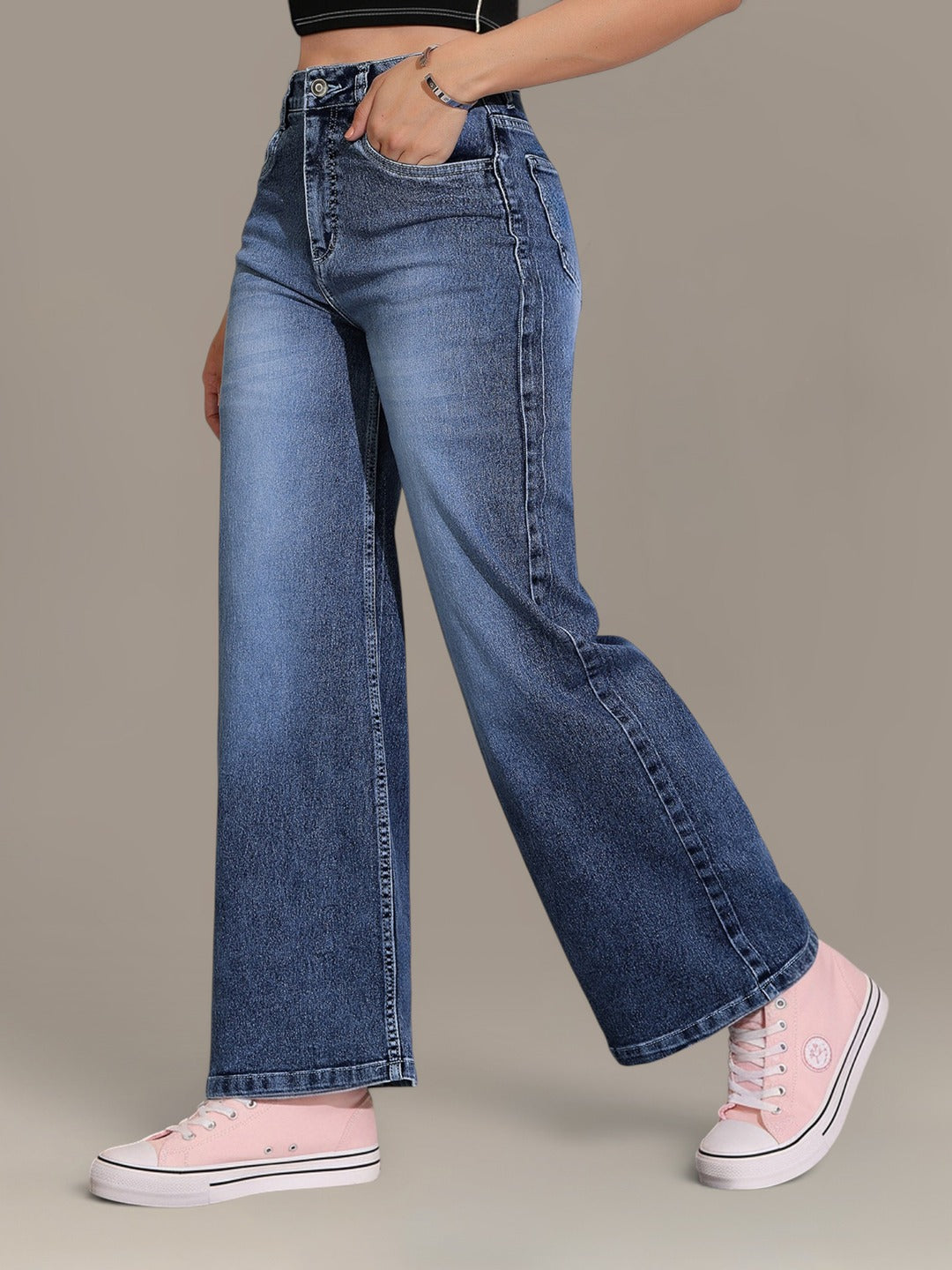 Light Blue Wide-Leg High-Rise Stretchable Denim Jeans for Women