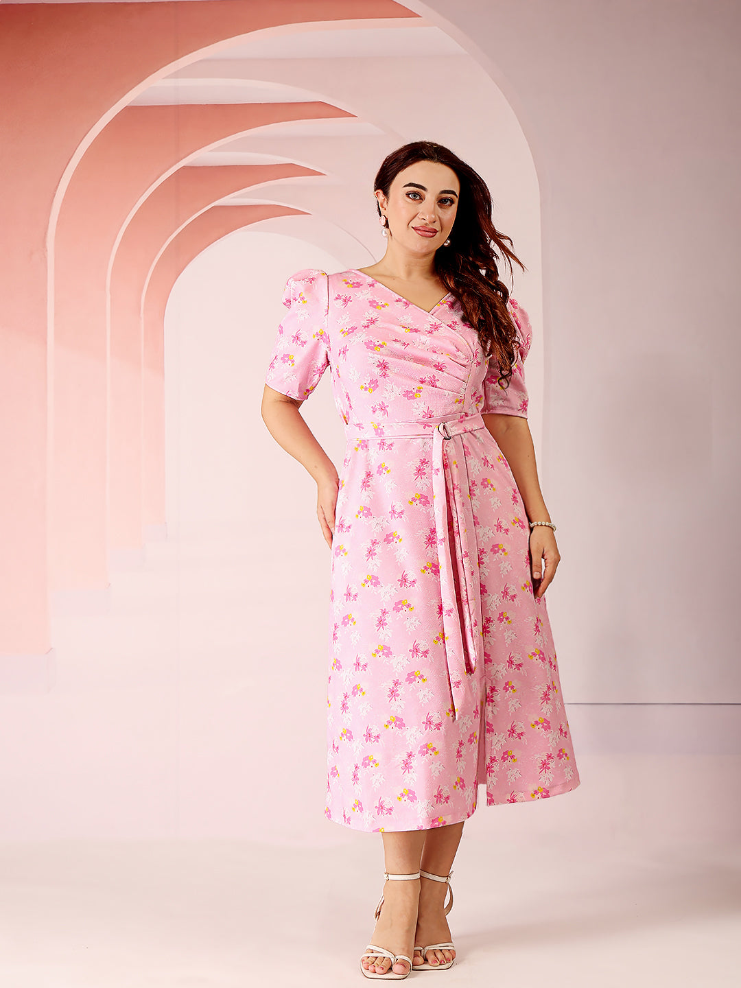 Women's Multicolored-Base-Pink V-neck Puff Sleeve Floral Wrap Midi Dress