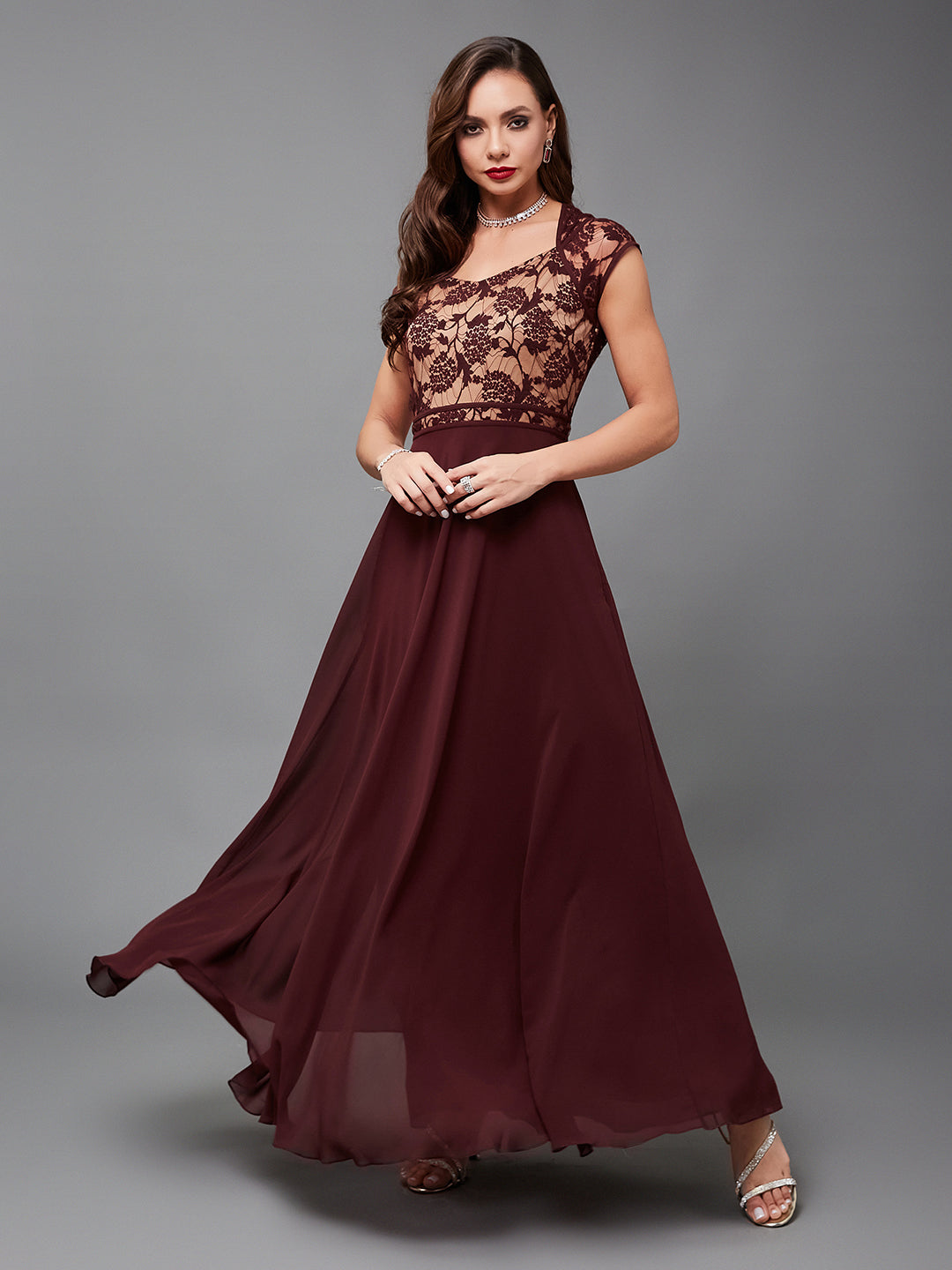 Wine Floral Cap Sleeves Fit and Flare Lace Maxi Dress Long Dress Frock for Women