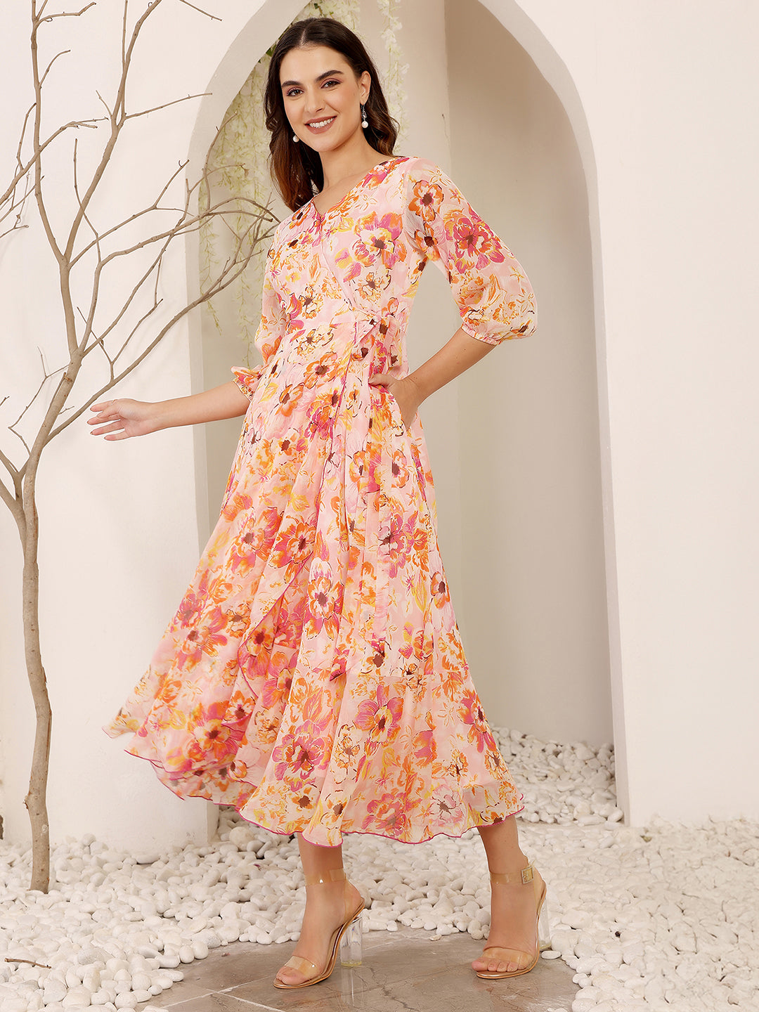 Pink & Orange Floral Printed Full Sleeves Fit and Flare Maxi Dress for