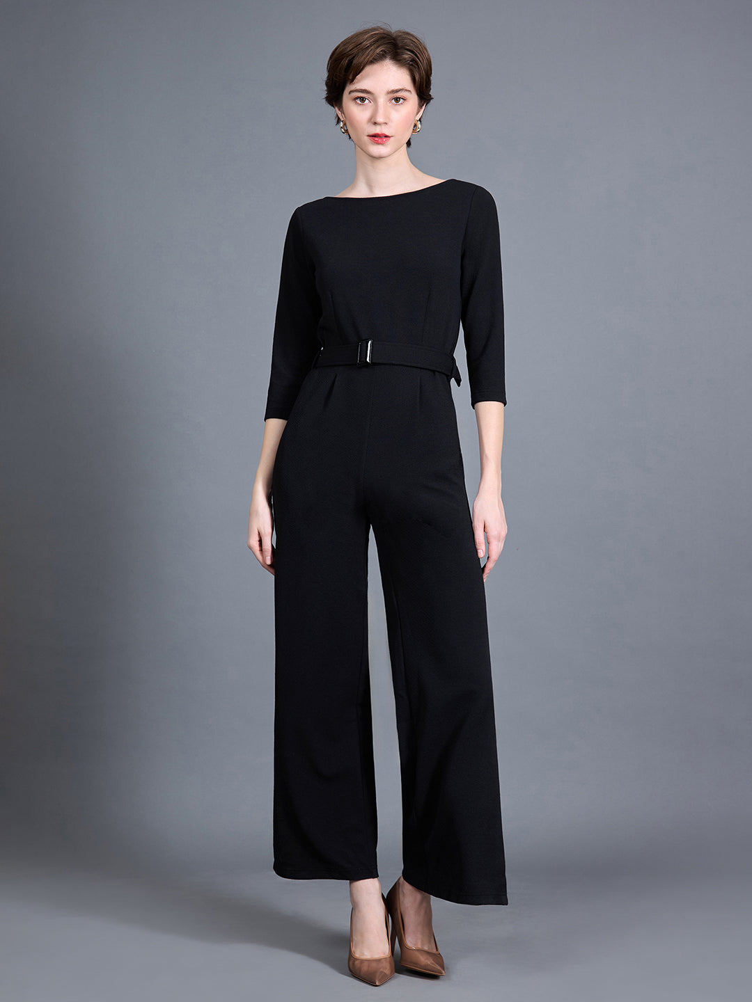 Women's Black Round Neck 3/4 Sleeve Solid Belted Wide-Leg Side Slit Maxi Jumpsuit