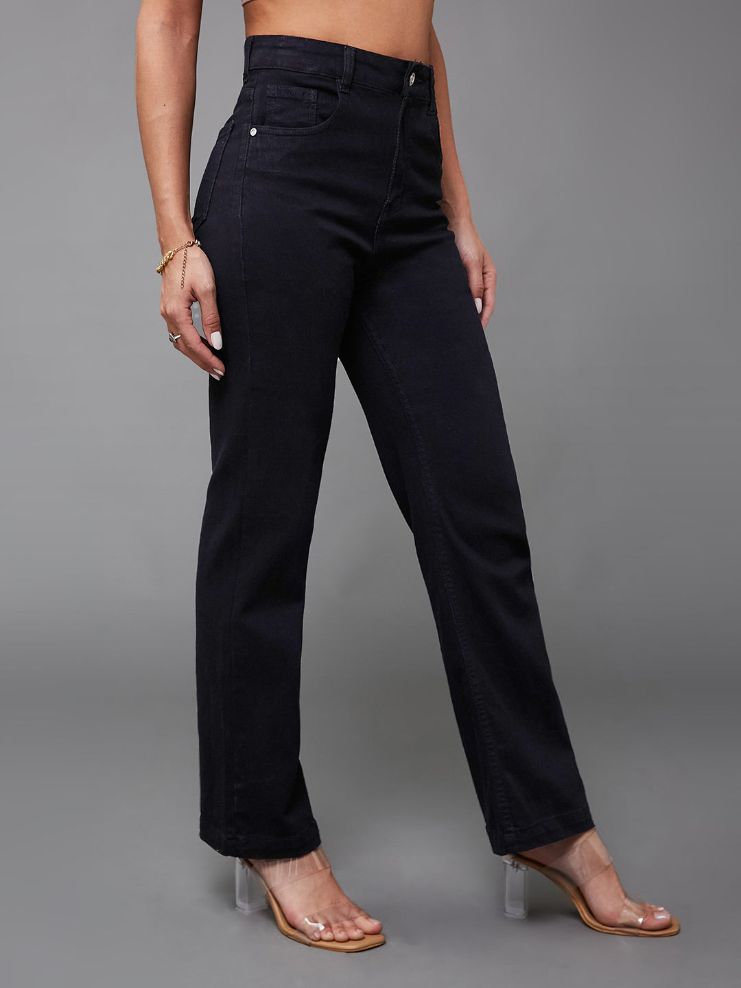 Women's Black Straight High Rise Clean Look Regular-Length Stretchable Denim Jeans