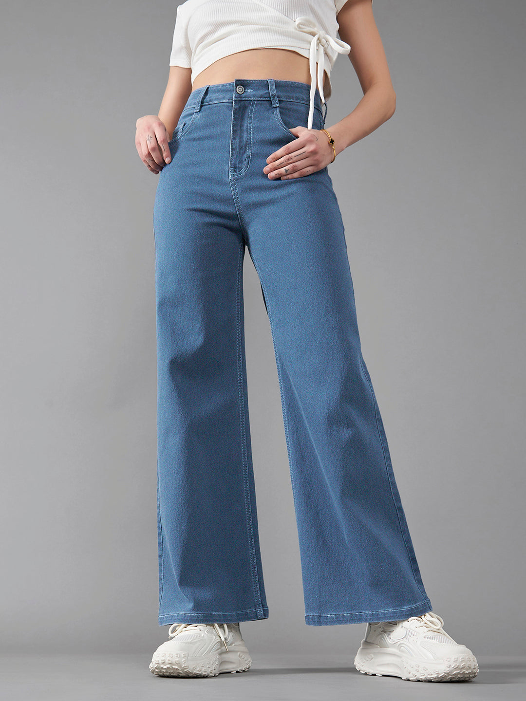 24/7 Comfort Blue Wide-Leg High-Rise Midly-Distressed Stretchable Denim Jeans