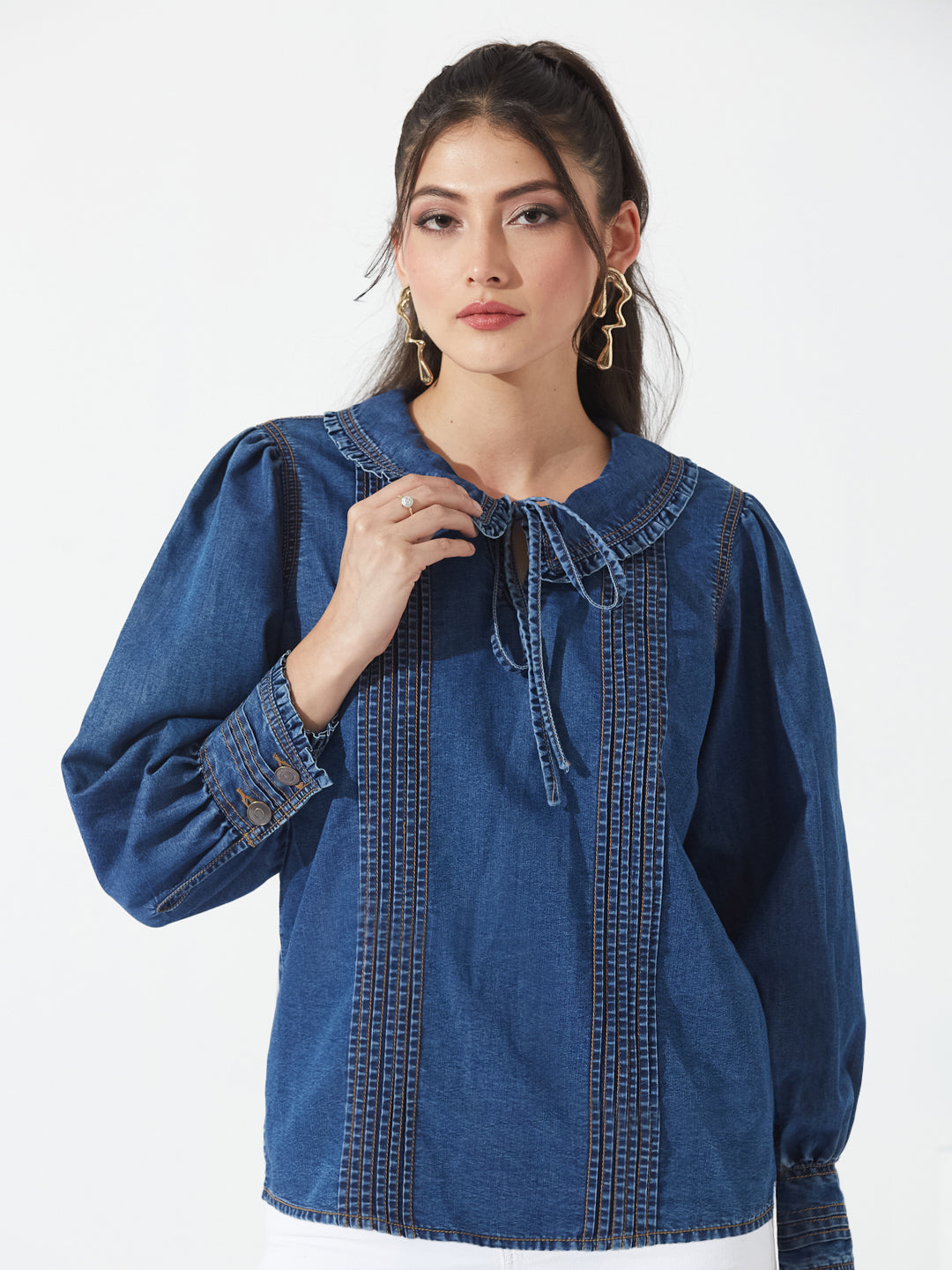 Navy Blue Peter Pan Collar Ruffled Puff Sleeve Pin-Tucked Denim Tunic Top For Women