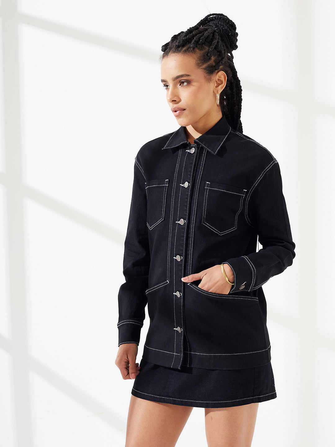Black Shirt Collar Full-Sleeves Panelled Contrast Stitch Oversized Denim Jacket for Women