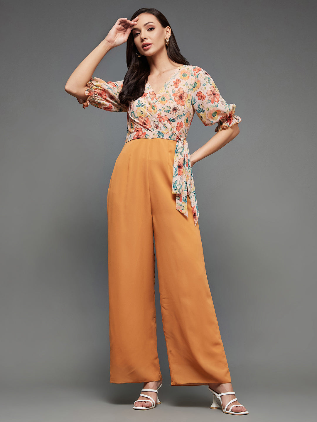 Women's Multicolored-Base-Dusty Orange V-Neck Puff Sleeve Floral Patterned Wrap Regular Georgette Jumpsuit