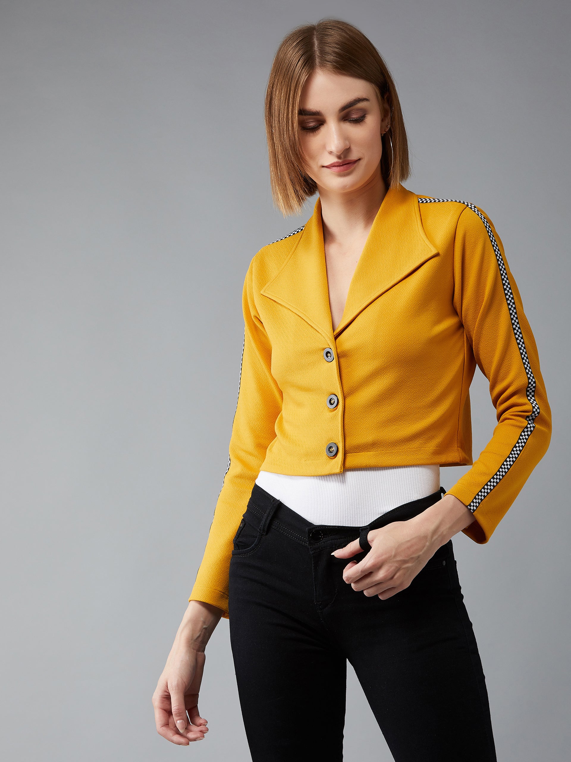 Women's Mustard Collared Full Sleeves Polyknitted Solid Cropped Twill Tape Detailing Jacket