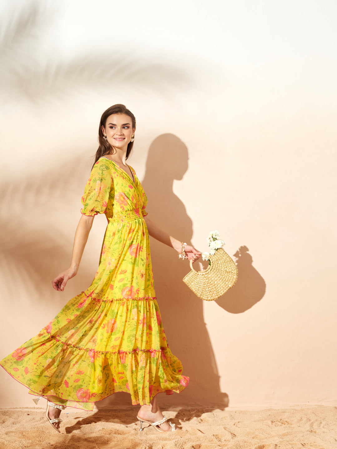 Acid Yellow V-Neck Puff Floral Overlap/ Tiered Maxi Chiffon Ethnic Dress for Women — Miss Chase