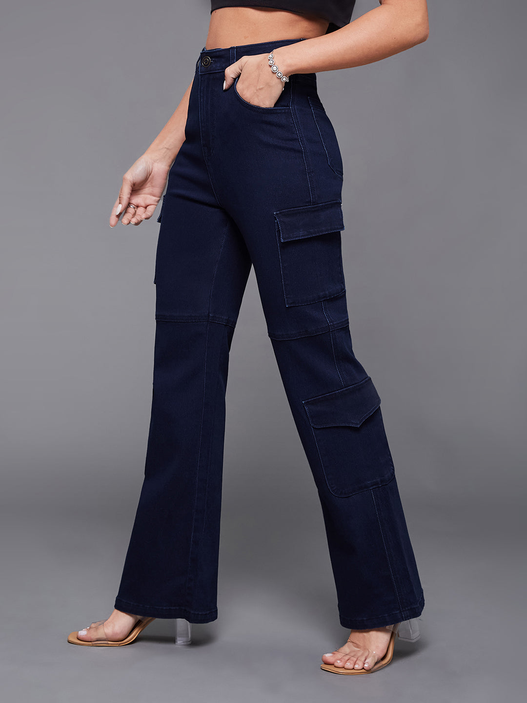 24/7 Comfort Navy-Blue Wide-Leg High-Rise Stretchable Denim Jeans