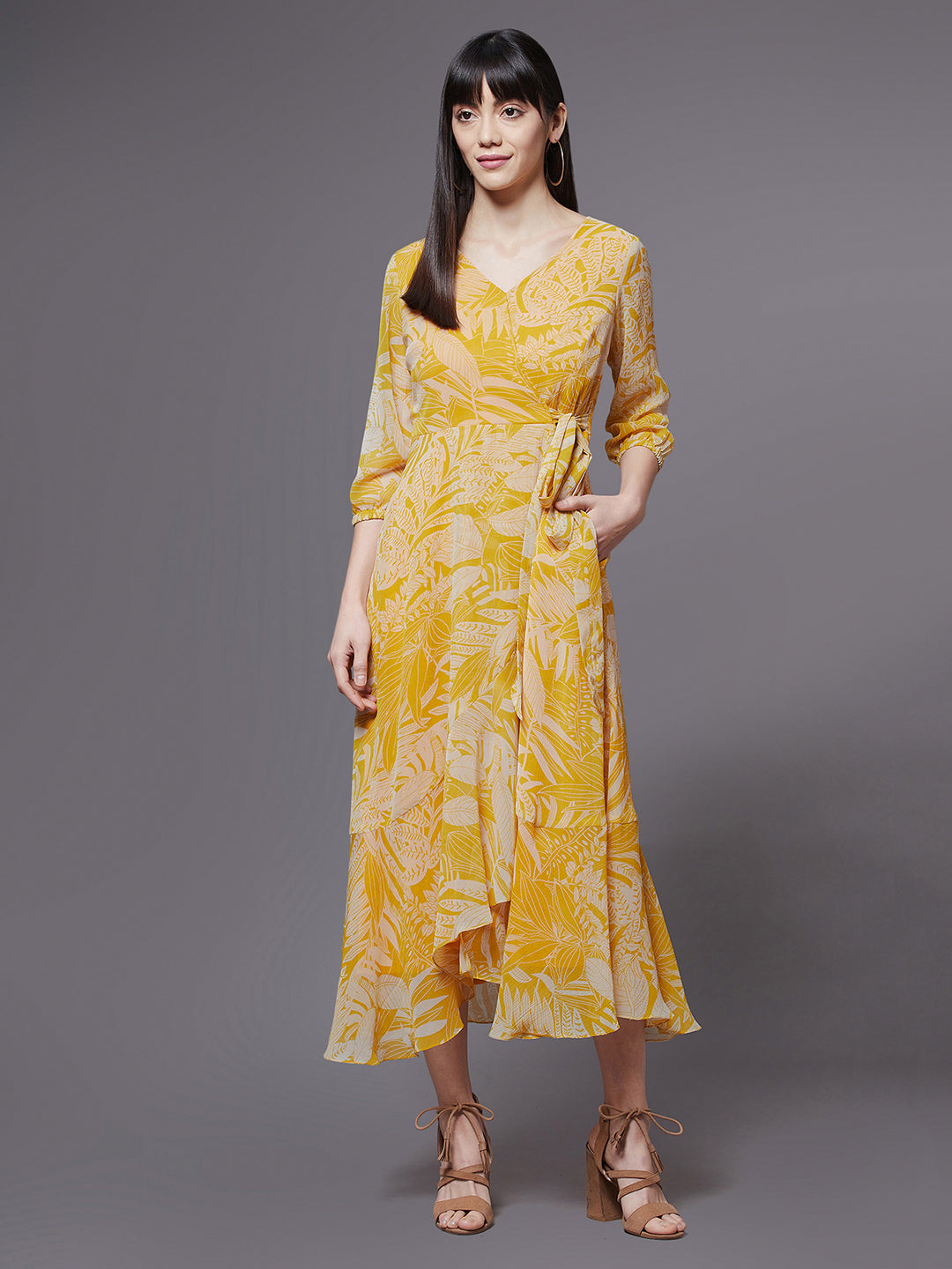 Women's Yellow & White V-Neck Full Sleeve Floral Layered Maxi Dress