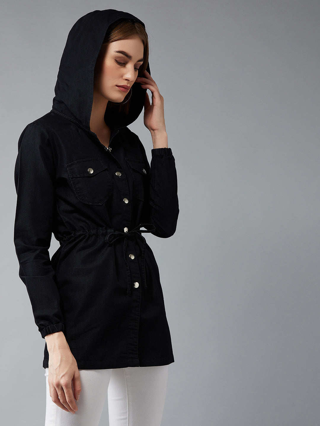 Women's Black Round Neck Full Sleeve Solid Long Hoodie With Tie-Up Regular Jacket