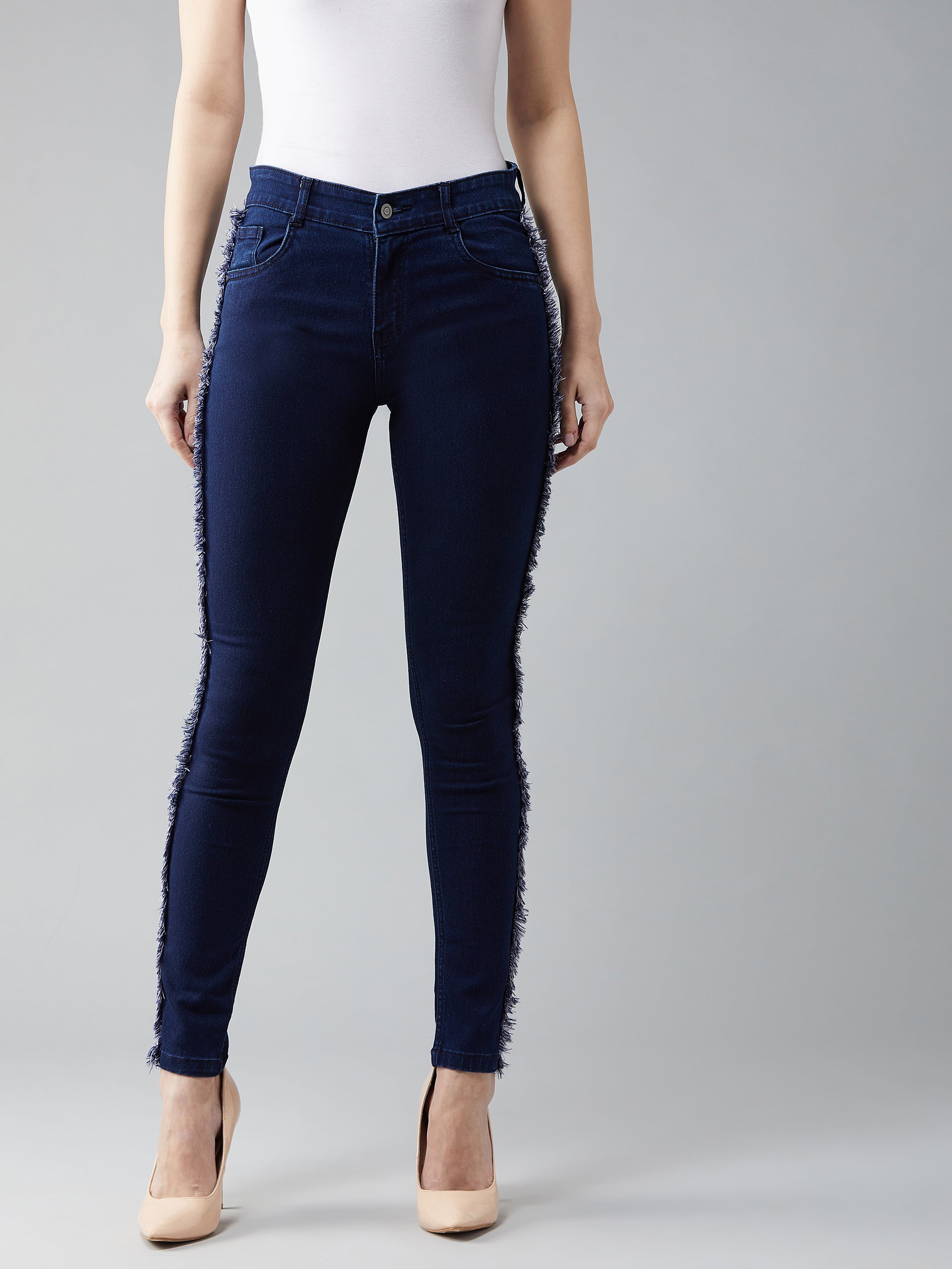 Women's Navy-Blue Skinny-Fit Mid-Rise Fringe And Lace Detailing Stretchable Denim Jeans
