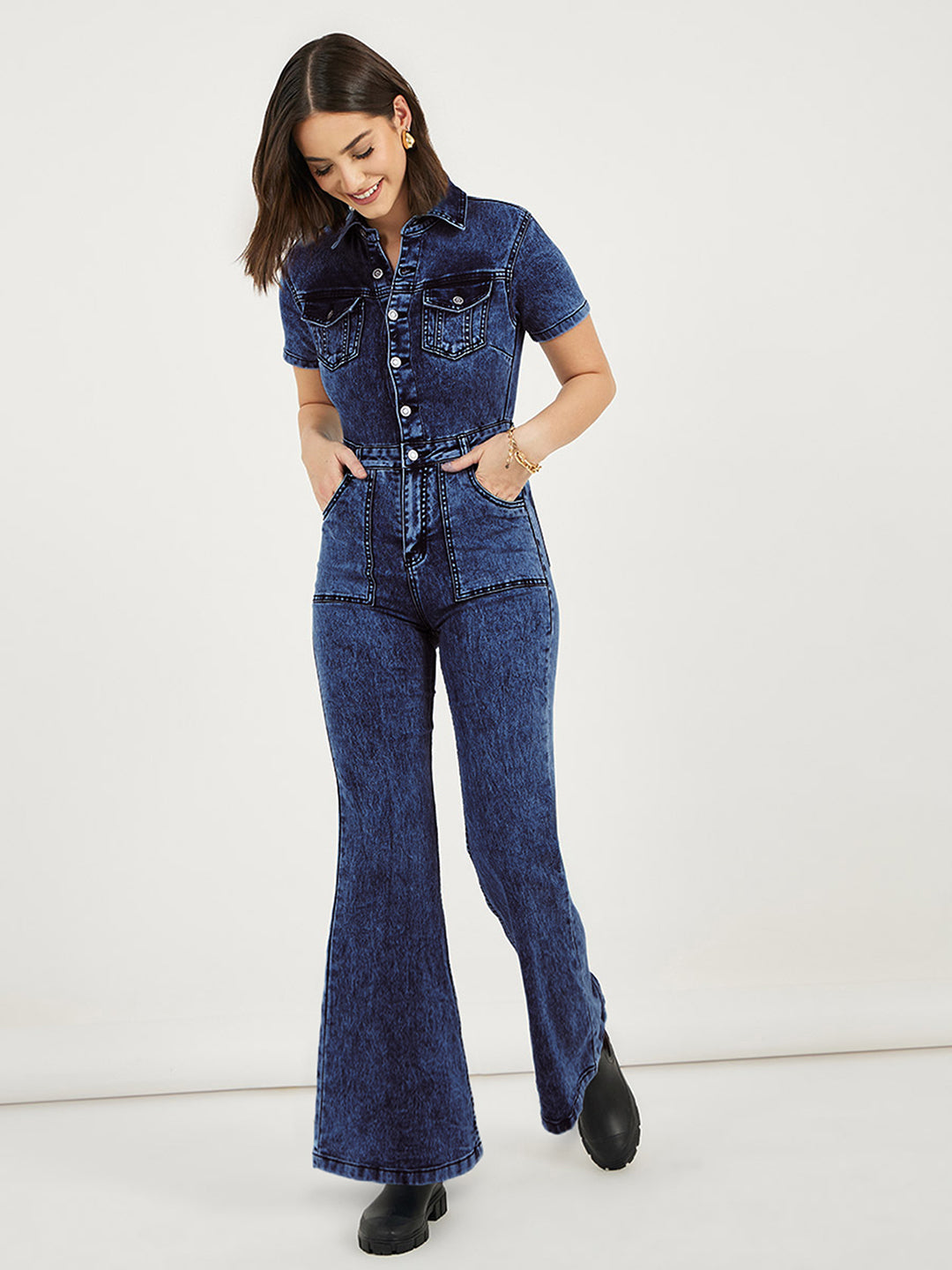 Women's Black Flared High-Rise Stretchable Denim Jumpsuit