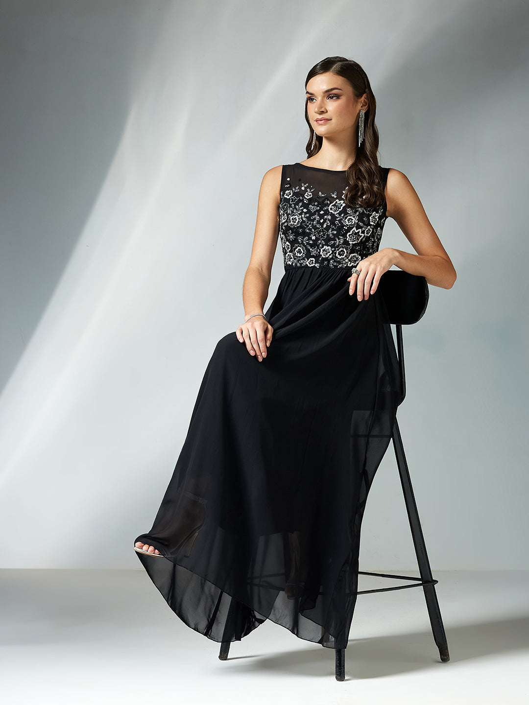 Women's Black Boat Neck Sleeveless Solid Embellished Maxi Dress